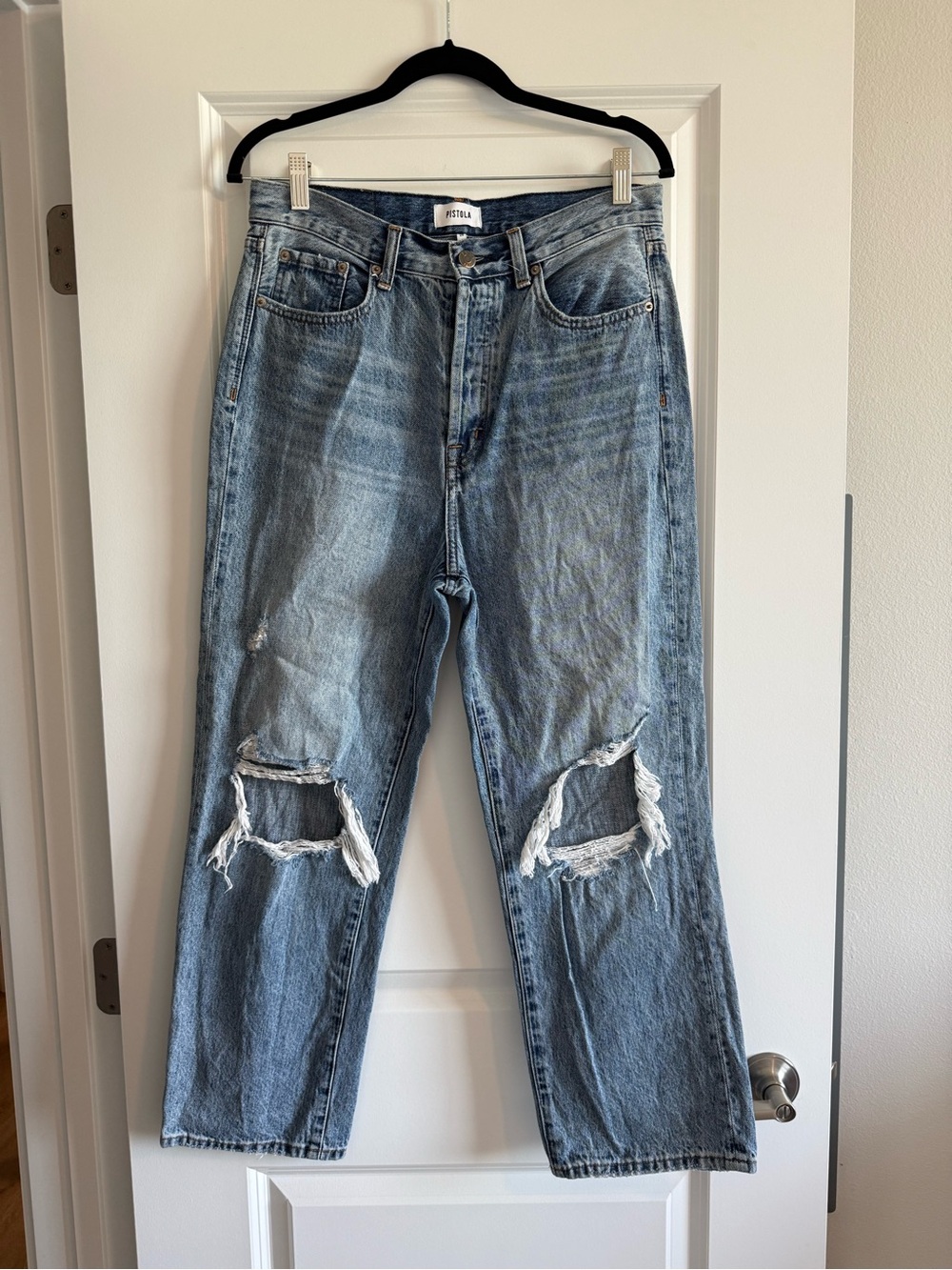 Pilcro Women's Straight Leg Ripped Blue Jeans